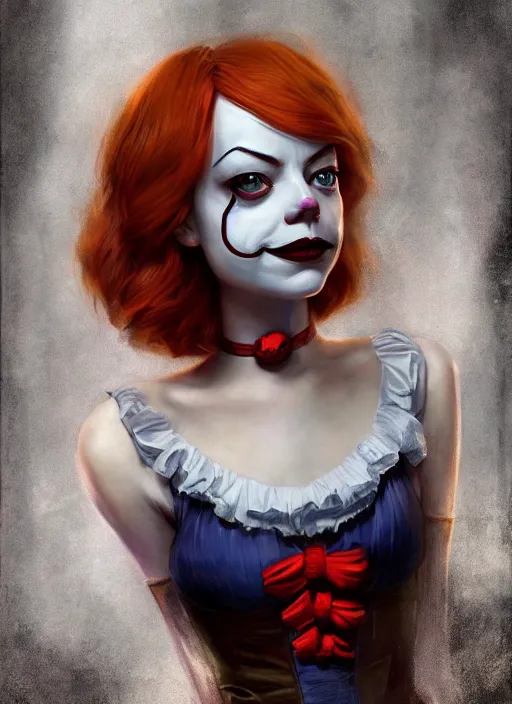 Prompt: A beautiful portrait of Emma Stone as Pennywise from IT movie, digital art by Eugene de Blaas and Ross Tran, vibrant color scheme, highly detailed, in the style of romanticism, cinematic, artstation, Greg rutkowski