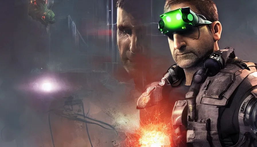 Prompt: steve carell is sam fisher from splinter cell, explosion, light, action, hyperdetailed, artstation, cgsociety, 8 k