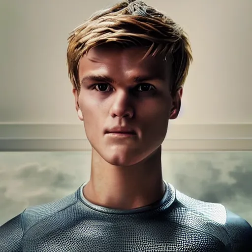 Image similar to a realistic detailed photo of a guy who is an attractive humanoid who is half robot and half humanoid, who is a male android, soccer player martin ødegaard, shiny skin, posing like a statue, blank stare, in a living room, on display, showing off his muscles