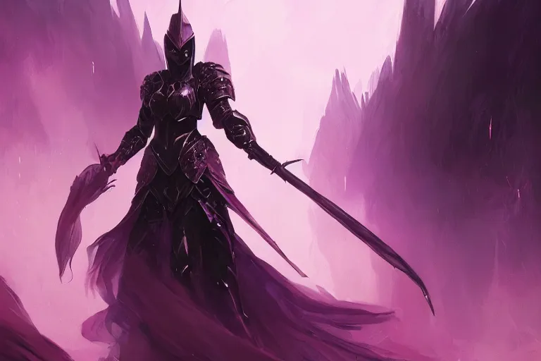 Image similar to masterpiece digital painting of a woman evil knight, full heavy black obsidian armor, chaotic ruby inlays, cape, by kev walker and greg rutkowski, atmospheric fog effects background, purple sparkles, artstation, deviantart, full body view, cinematic lights