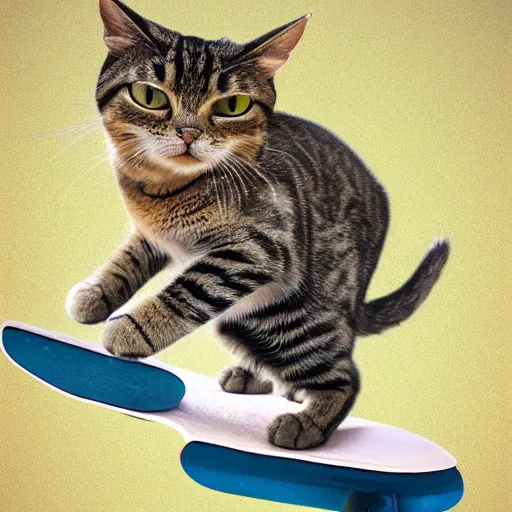 Prompt: A tabby cat standing on its back legs, wearing high top sneakers and sunglasses, riding a skateboard, hyper realistic photo, highly detailed