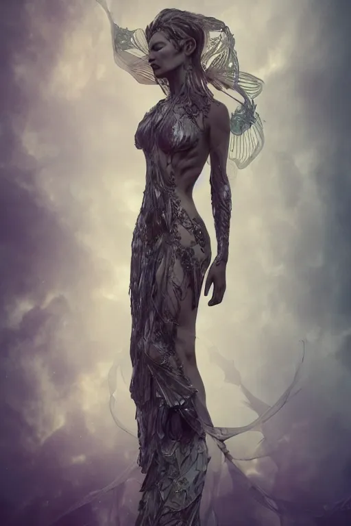 Image similar to a realistic moody photo of a beautiful ancient alien woman goddess kate moss nymph standing in iris van herpen dress jewelery and fractals in style of alphonse mucha art nuvo dmt trending on artstation made in unreal engine 4