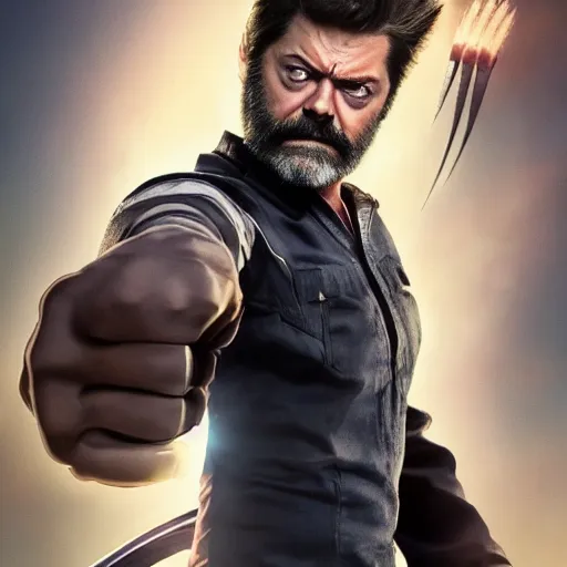 Image similar to logan pictured as nick offerman in wolverine x - men suit, imdb, marvel movie still, detailed 8 k, poster style, deviantart and artstation top picks