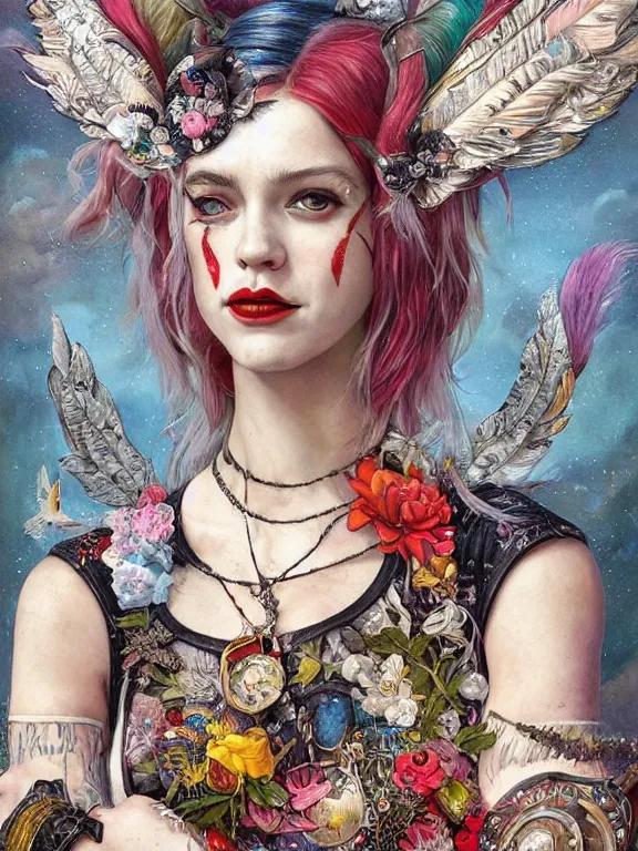 Prompt: a 65mm portrait of harley quinn between embellished avian-inspired sequined feather-adorned wings and flower bushes,by tom bagshaw,Cedric Peyravernay,DIOR,marie spartali Stillman,William Morris,Dan Mumford,trending on pinterest，maximalist,glittering,feminine