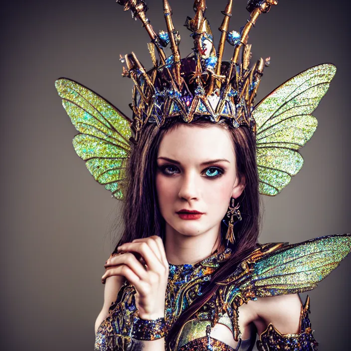 Image similar to photo of a very beautiful!! fairy queen with ornate sparkling armour, highly detailed, 4 k, hdr, smooth, sharp focus, high resolution, award - winning photo