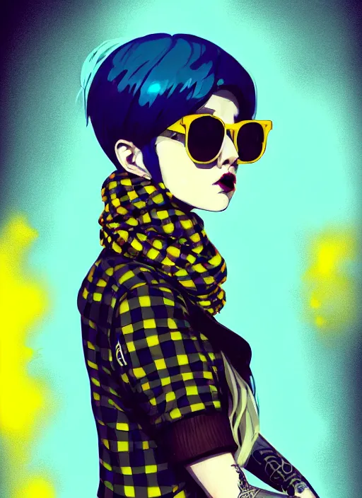 Prompt: highly detailed portrait of a sewer ( ( emo punk ) ) lady student, sunglasses, blue eyes, tartan scarf, white hair by atey ghailan, by greg rutkowski, by greg tocchini, by james gilleard, by joe fenton, by kaethe butcher, gradient yellow, black, brown and magenta color scheme, grunge aesthetic!!! graffiti tag wall background
