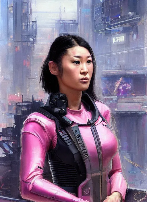 Image similar to Nikki tanaka. beautiful cyberpunk female USN marine wearing a military vest and a pink tactical catsuit (cyberpunk 2077, bladerunner 2049). gorgeous face. Iranian orientalist portrait by john william waterhouse and Edwin Longsden Long and Theodore Ralli and Nasreddine Dinet, oil on canvas. Cinematic, hyper realism, realistic proportions, dramatic lighting, high detail 4k