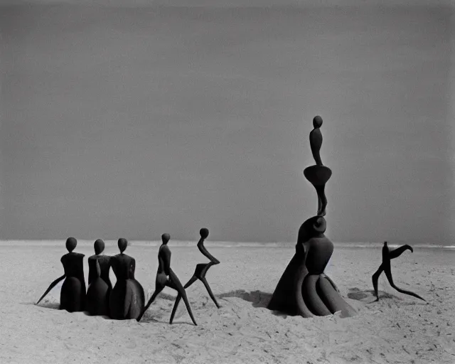 Image similar to a group of people standing on top of a sandy beach, a surrealist sculpture by Oskar Schlemmer, tumblr, surrealism, surrealist, grotesque, 1970s