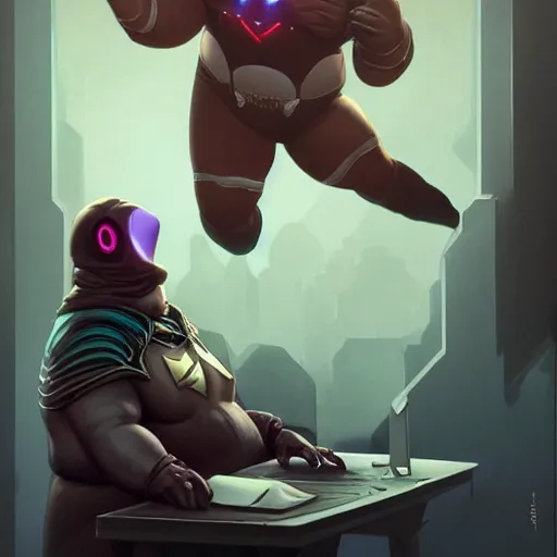 Image similar to a insanely detailed painting of a fat masked superhero wearing a costume sitting at a desk, staring at the nervously at the computer and clicking on the mouse, in the style of peter mohrbacher, dramatic lighting and composition, trending on artstation, concept art, comic book