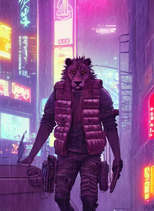 Image similar to beautiful portrait commission of a male furry anthro lion wearing a bullet proof vest and cargo pants. Cyberpunk city at night in the rain. Neon light. Atmospheric. Character design by charlie bowater, ross tran, artgerm, and makoto shinkai, detailed, inked, western comic book art