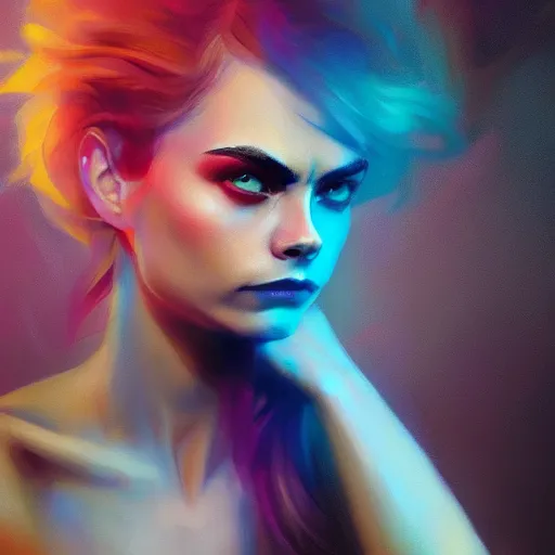 Image similar to cara delevingne, full body portrait colorful oil painting by mad dog jones, charlie bowater, yuumei, yanjun cheng, unreal 5, daz, hyperrealistic, octane render, rpg portrait, dynamic lighting, fantasy art, beautiful face