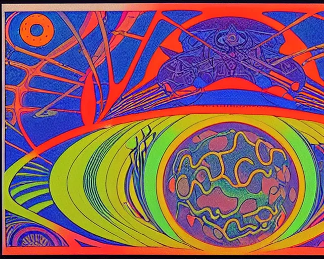 Prompt: 1968 psychedelic, tarot cards, cut out collage, neon Greek, dusk on Jupiter, epic theater, deep jungle texture, aquatic plants, Jugendstil drawings, in part by Alex Grey, part by Moebius, composition William S Boroughs, written by Michael Ende