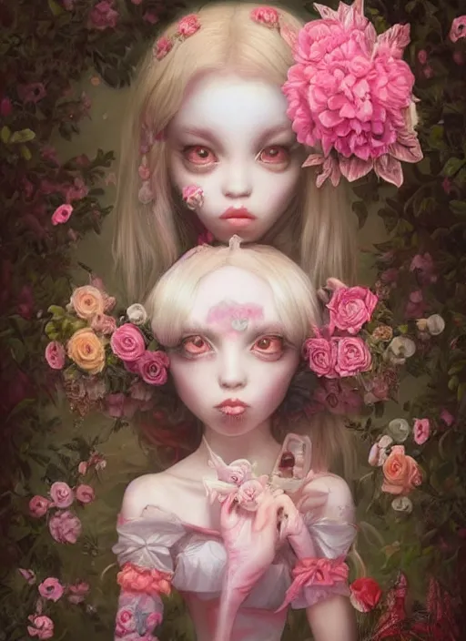 Image similar to pop surrealism, lowbrow art, realistic cute alice girl painting, pink bdy harness with flowers, japanese street fashion, hyper realism, muted colours, rococo, natalie shau, loreta lux, tom bagshaw, mark ryden, trevor brown style,