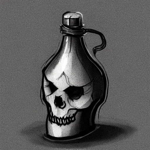 Image similar to a bottle that contains a potion, shaped like a fox skull stoppered. digital charcoal sketch. prop design. # digitalsketch # monochrome # sketch # ink # characterdesign # dndcharacter # charactersketch # characterconcept # conceptart