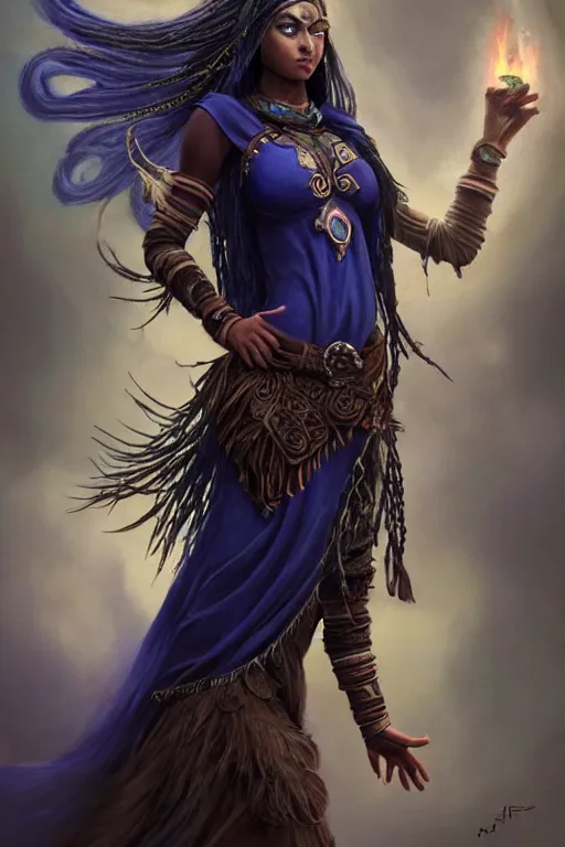 Prompt: Beautiful Young Female Shaman, shamanistic dark blue clothes, ornamental, covered!, metal garments, dark brown skin, green supernatural eyes, looking across the shoulder, full body, extremely detailed!, high fantasy, matte painting, detailed face!, warcraft, barefoot, single character!, floating, fire and thunder background, by Rossdraws, James Jean, gerald brom, Andrey Ryabovichev, Mark Simonetti and Peter Morbacher, trending in artstation, artstationHD, artstationHQ, cgsociety, octane, 16K HD, NO multiple arms!