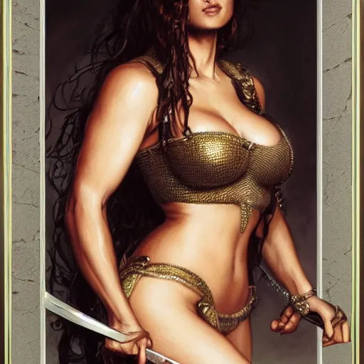 Image similar to A portrait of Salma Hayek wearing a chainmail bikini and holding a sword ,by Stanley Artgerm Lau, Greg Rutkowski, Thomas Kinade ,Alphonse Mucha, Loish, Norman Rockwell ,trending on artstation , rule of thirds, golden ratio ,HD 4k
