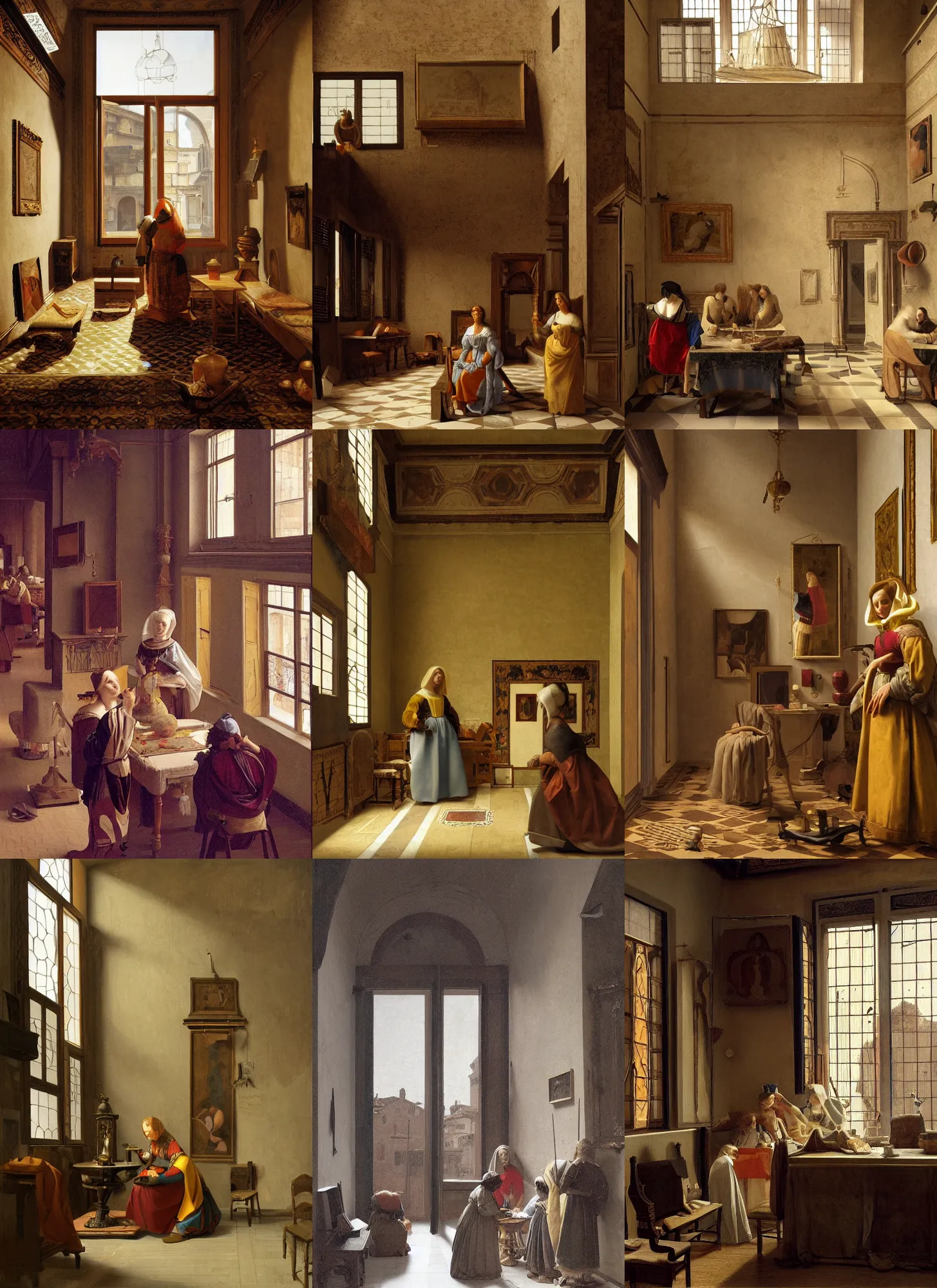 Prompt: italian renaissance indoor workshop, highly detailed, artstation, concept art, sharp focus, illustration, rutkowski, vermeer