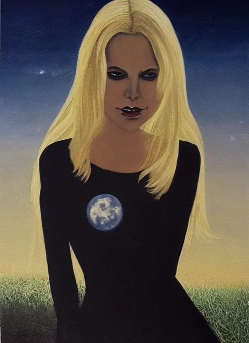 Prompt: portrait of beautiful blonde woman as a Dark evil witch, big moon in the background, oil painting by Stephen King