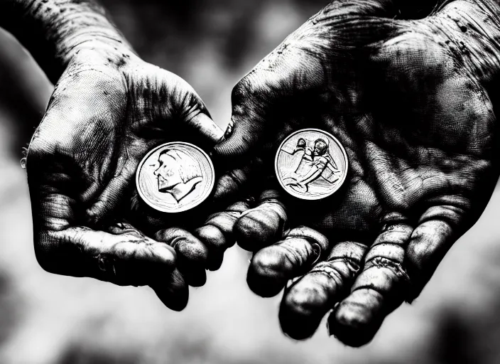 Prompt: cyborg hands holding a coin worth 1 human soul to be traded in hell. centered. horror cyberpunk dystopia style. highly detailed 8 k. intricate. nikon d 8 5 0 3 0 0 mm. award winning photography.