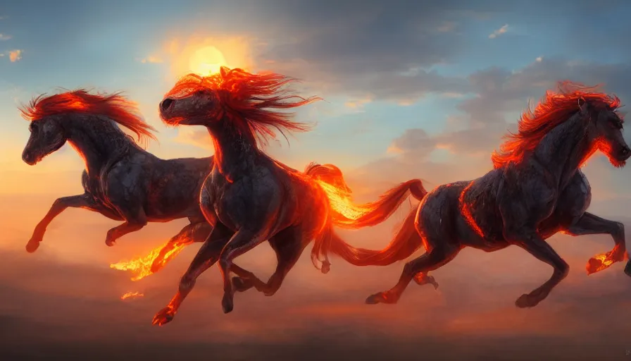 Prompt: Fire horse running to the sun, hyperdetailed, artstation, cgsociety, 4k