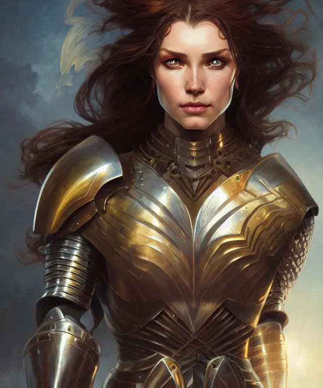 Image similar to Muscular and powerful medieval knight woman portrait, sci-fi, amber eyes, face, long hair, fantasy, intricate, elegant, highly detailed, digital painting, artstation, concept art, smooth, sharp focus, illustration, art by artgerm and greg rutkowski and alphonse mucha