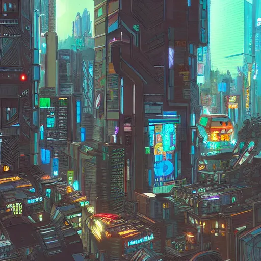 Prompt: digital painting of a cyberpunk city, comic book style, trending on Artstation, hyperdetailed