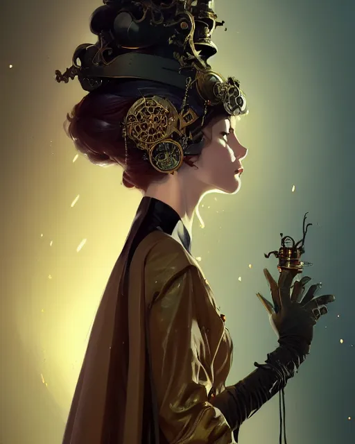 Prompt: a mysterious beautiful woman, aristocrat cloak, steam punk, mechanical parts, fantasy, androgynous, digital painting by ilya kuvshinov, greg rutkowski, wlop, james jean, victo ngai, beautifully lit, muted colors, highly detailed, dynamic pose, artstation, fractal arrows, fantasy art, intricate background by craig mullins, thomas kinkade