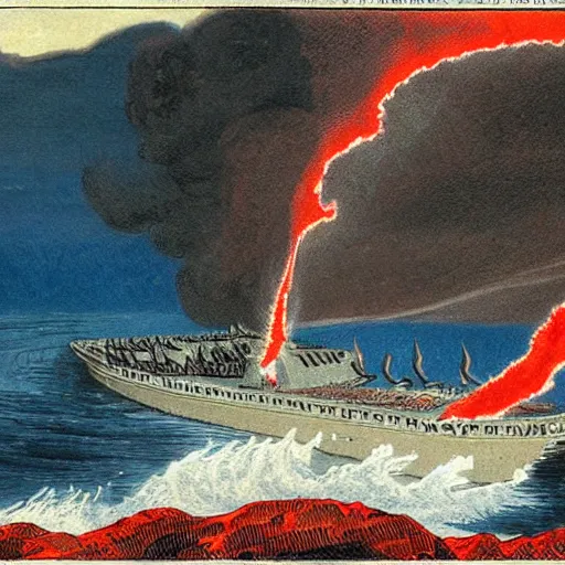 Prompt: Whipping of the Hellespont but with lava instead of water