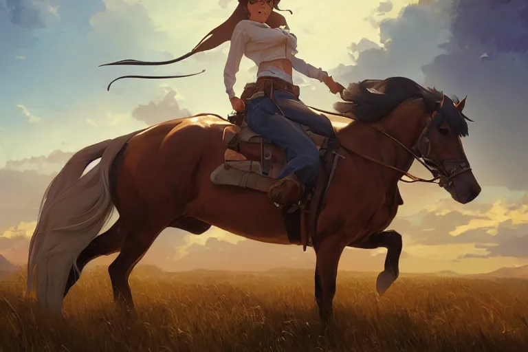 Prompt: western cowgirl riding a horse, single centered subject, mid shot, ambient lighting, detailed face, by makoto shinkai, stanley artgerm lau, wlop, rossdraws