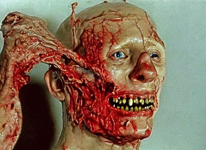 Prompt: disturbing vhs footage of exploded head crooked teeth blood horror practical fx by david cronenberg 1 9 7 0