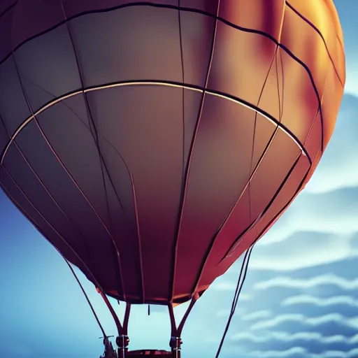 Image similar to steampunk hot air balloon, skimming on top of clouds, intricate, sunset, beautiful composition. 3 d render