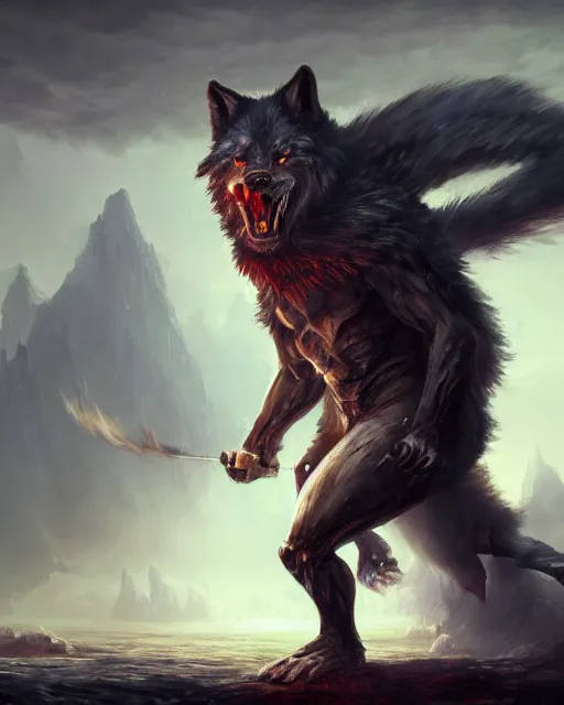 Prompt: oil painting of Angry Anthropomorphized Wolf Berserker, wearing clothes, claws, sharp focus, attack pose, fantasy style, octane render, volumetric lighting, 8k high definition, by greg rutkowski, highly detailed, trending on art Station, magic the gathering artwork, burning Battlefield background, centered