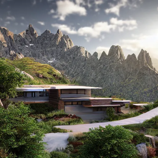 Image similar to alpine landscape with windy road and modern houses designed by frank lloyd wright scattered on the mountainsides, photo realism, dramatic lighting, from a dream, high quality digital art, unreal engine