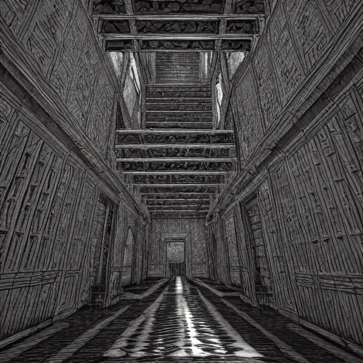 Image similar to a terrifying dark hallway with many doors and many stairs, impending doom, horror, Mc Escher architecture, epic composition, anime key visual