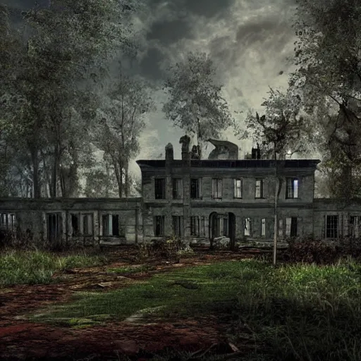 Image similar to Abounded Asylum in the middle of a dense forest, Dynamic lighting, Realism, Realistic,