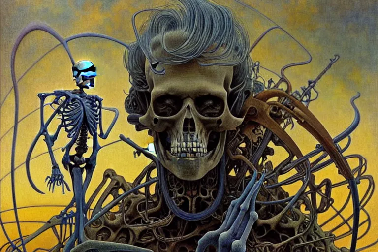 Prompt: realistic extremely detailed portrait closeup painting of an old man with a skeleton, futuristic sci-fi landscape on background by Jean Delville, Amano, Yves Tanguy, Alphonse Mucha, Ernst Haeckel, Edward Robert Hughes, Roger Dean, rich moody colours, silver hair and beard, blue eyes