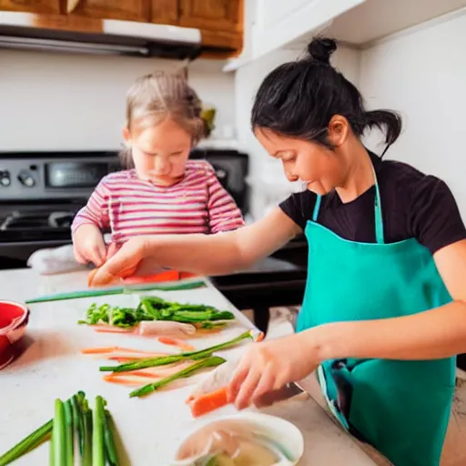 Image similar to small girl making spring rolls in the kitchen and mom is helping