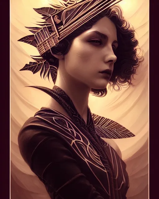 Image similar to Energetic rock guitarist portrait, art deco, fantasy, intricate art deco leaf designs, elegant, highly detailed, sharp focus, art by Artgerm and Greg Rutkowski and WLOP