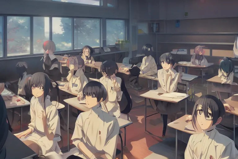 Prompt: boy's love anime modern high school classroom in winter, expert high detail concept art character design, perfect proportions defined faces, vivid colors, photorealistic shaded lighting poster ilya kuvshinov, katsuhiro, makoto shinkai, wlop, loish and clamp style, trending on art station, best selling artist
