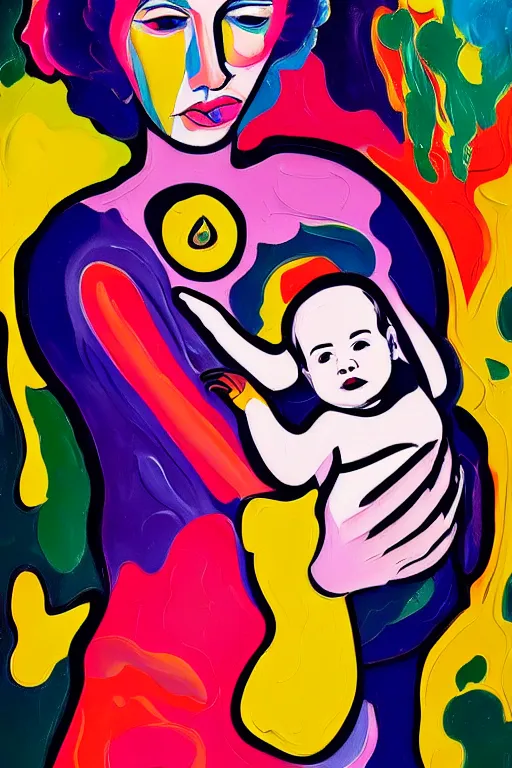 Image similar to a painting of a woman holding a baby, an ultrafine detailed painting by peter max and hernan bas and anna mond, featured on deviantart, metaphysical painting, biomorphic, fauvism, mixed media, photorealistic, dripping paint, palette knife texture, masterpiece