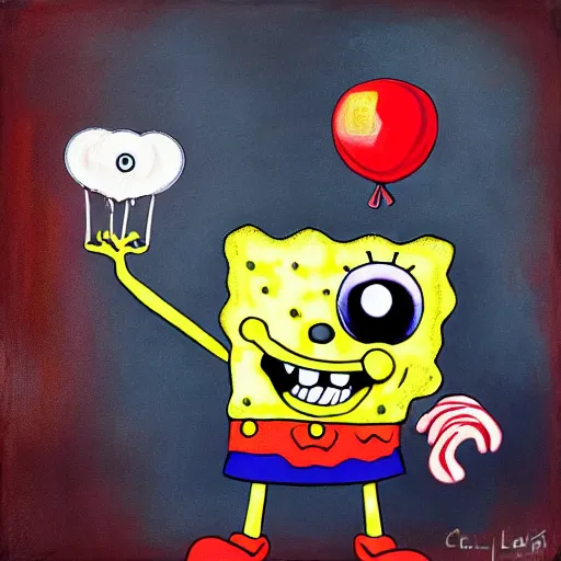 Image similar to grunge painting of spongebob with a wide smile and a red balloon by chris leib, loony toons style, pennywise style, corpse bride style, horror theme, detailed, elegant, intricate