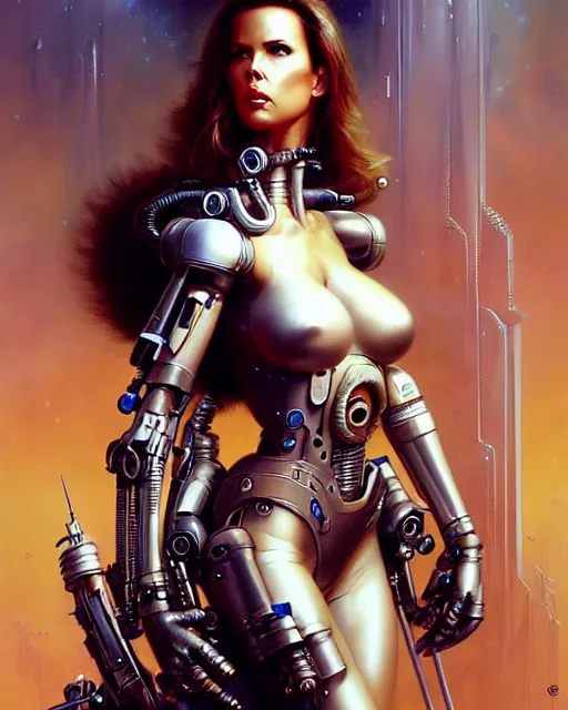 Prompt: kake beckinsale as a cyborg fantasy character portrait, ultra realistic, wide angle, intricate details, blade runner artifacts, highly detailed by peter mohrbacher, boris vallejo, hajime sorayama aaron horkey, gaston bussiere, craig mullins