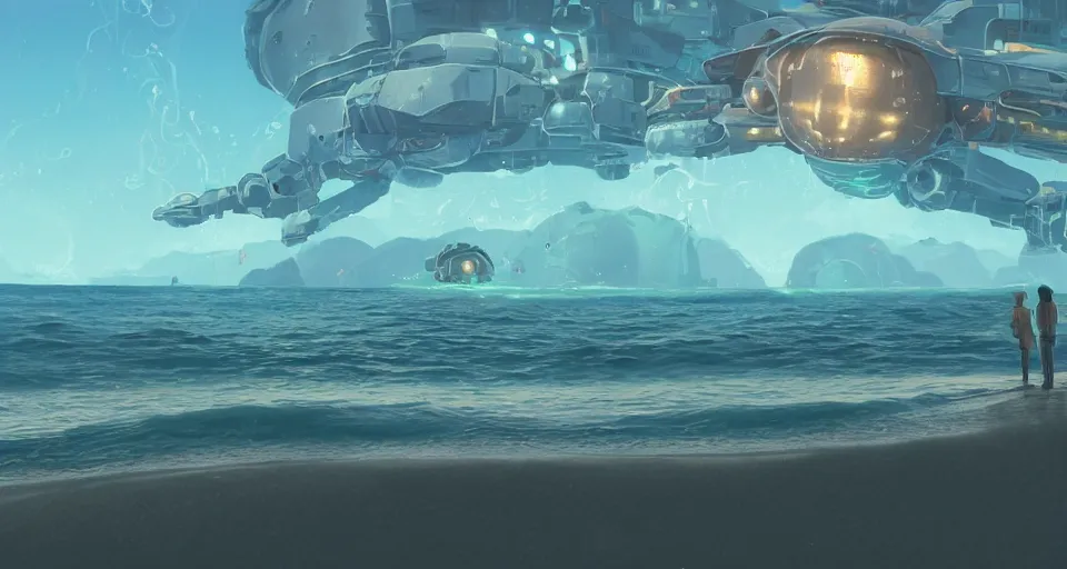 Image similar to A very beautiful serene coastal landscape scene with a GIANT MECHA JELLYFISH looming in the distance, bright sunny waves splashing on the beach, Translucent rendered by simon stålenhag, rendered by Beeple, Makoto Shinkai, syd meade, environment concept, digital art, starwars, unreal engine, 3 point perspective, WLOP, trending on artstation, low level, 4K UHD image, octane render,