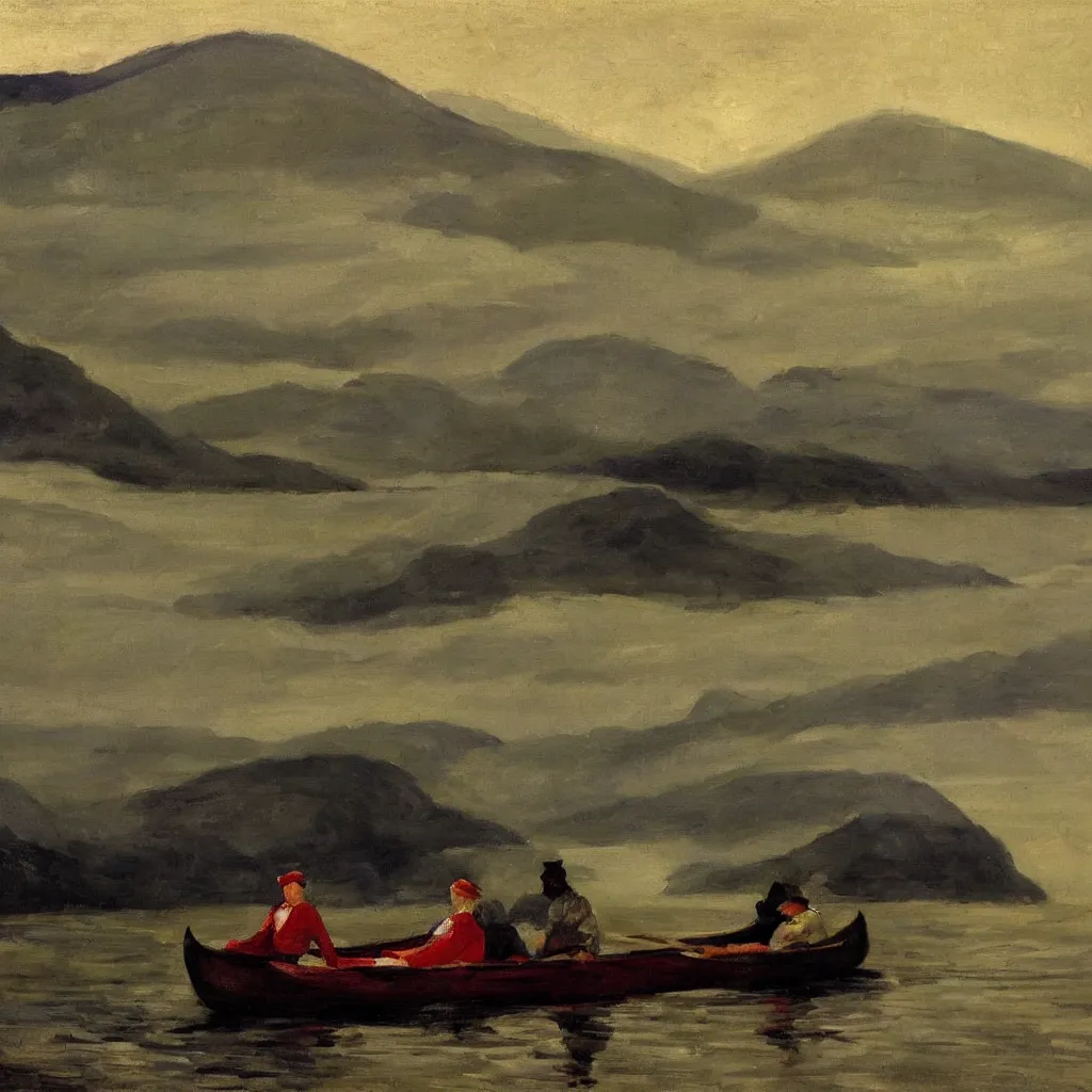 Image similar to one beautiful woman sitting in canoe on the hudson river, mountains in mist in the background, oil painting, style of george bellows