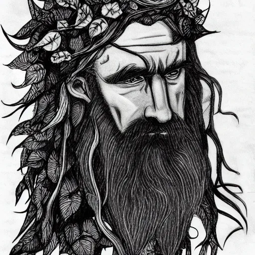 Prompt: huge male druid gray face pointy ears long beard with vines as hair hibiscus flowers detailed drawing