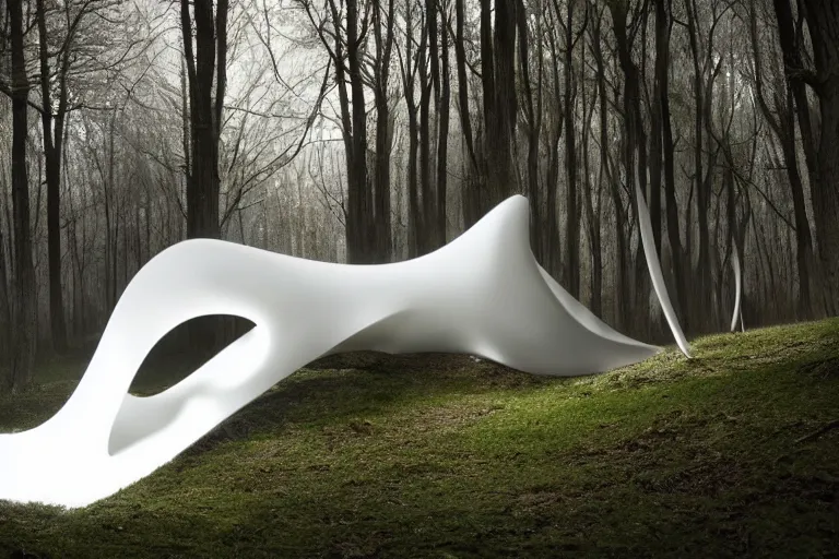 Image similar to a white sculpture designed by Zaha Hadid in a forest, dramatic lighting, trending on Artstation, 8k, photorealistic, hyper detailed, unreal engine 5, IMAX quality, cinematic, epic lighting, in the style of Greg Rutkowski