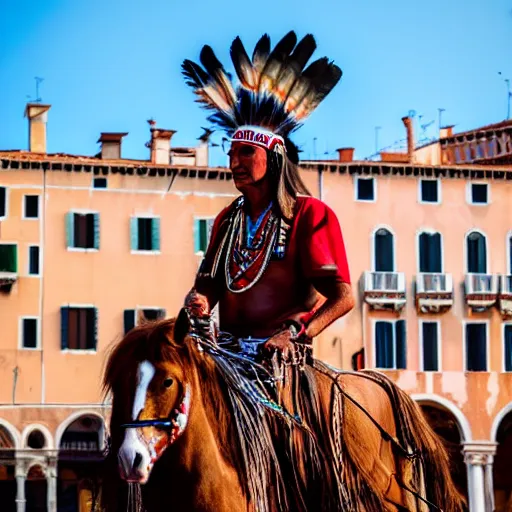 Prompt: photo of an Indian chief on a horse at St. Marco square in Venice, 50mm, beautiful photo