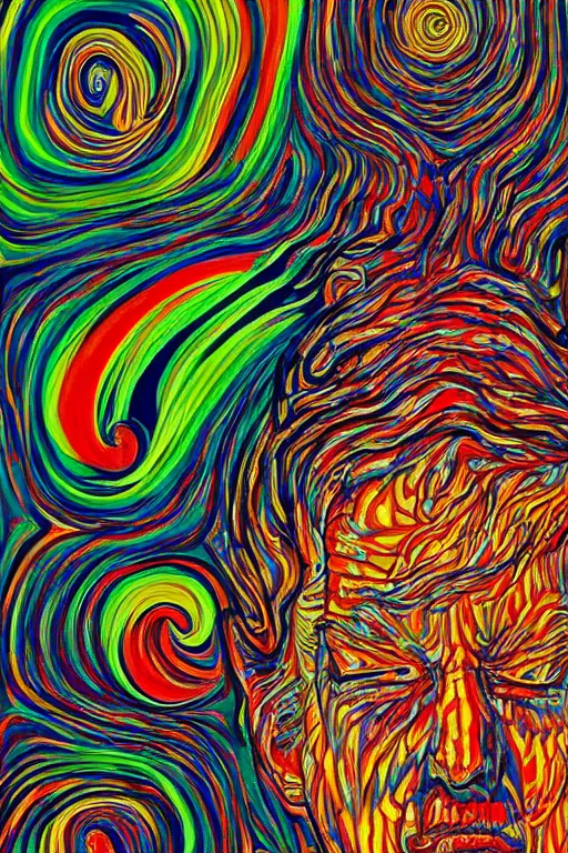 Image similar to psychedelic portrait of trump drinking ayahuasca in a wormhole, by alex gray, psychedelic