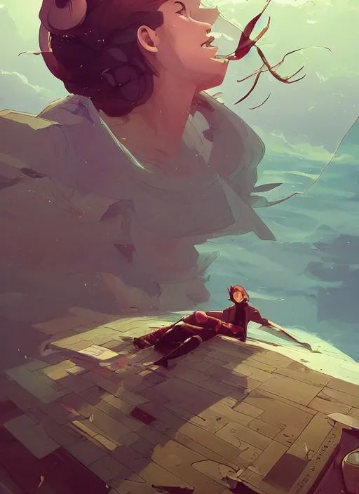 Image similar to overwhelmed with floating thoughts behance hd artstation by jesper ejsing, by rhads, makoto shinkai and lois van baarle, ilya kuvshinov, ossdraws, that looks like it is from borderlands and by feng zhu and loish and laurie greasley, victo ngai, andreas rocha