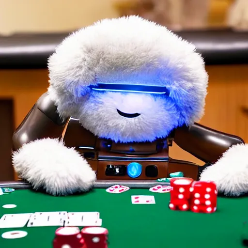 Prompt: cute fluffy robot double downs while playing poker